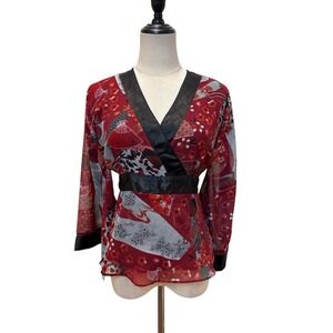 Vtg Y2K Zero Zero Kimono Sleeve Top Sheer Sz M Red Black Whimsigoth Fairy Anima